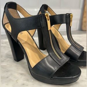 Michael Kors Black Heeled Sandals with Gold Zipper Accent